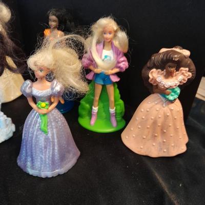 McDonalds Happy meal barbie dolls and Disney Figures with green mcDonalds box