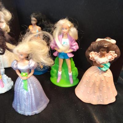 McDonalds Happy meal barbie dolls and Disney Figures with green mcDonalds box