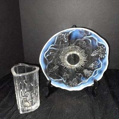 Avon Fostoria heart shaped bud vase and an early era Cable Crimped Opalescent Pedestal Footed plate.