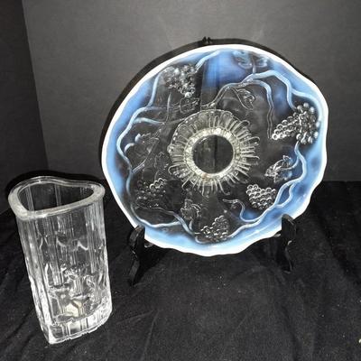 Avon Fostoria heart shaped bud vase and an early era Cable Crimped Opalescent Pedestal Footed plate.