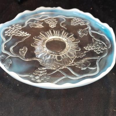 Avon Fostoria heart shaped bud vase and an early era Cable Crimped Opalescent Pedestal Footed plate.