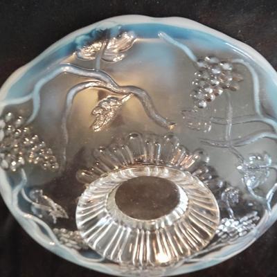 Avon Fostoria heart shaped bud vase and an early era Cable Crimped Opalescent Pedestal Footed plate.