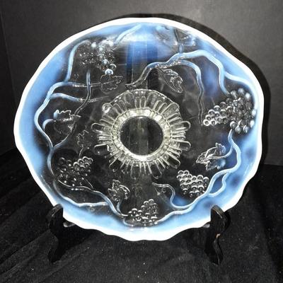 Avon Fostoria heart shaped bud vase and an early era Cable Crimped Opalescent Pedestal Footed plate.