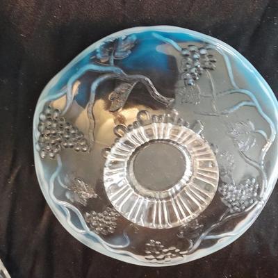 Avon Fostoria heart shaped bud vase and an early era Cable Crimped Opalescent Pedestal Footed plate.