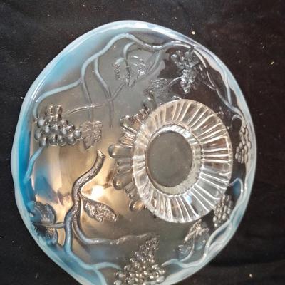 Avon Fostoria heart shaped bud vase and an early era Cable Crimped Opalescent Pedestal Footed plate.