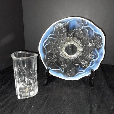 Avon Fostoria heart shaped bud vase and an early era Cable Crimped Opalescent Pedestal Footed plate.