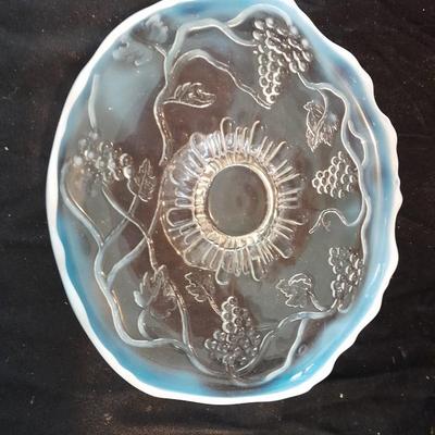 Avon Fostoria heart shaped bud vase and an early era Cable Crimped Opalescent Pedestal Footed plate.