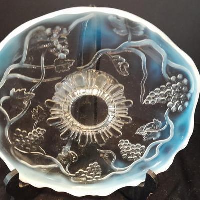 Avon Fostoria heart shaped bud vase and an early era Cable Crimped Opalescent Pedestal Footed plate.