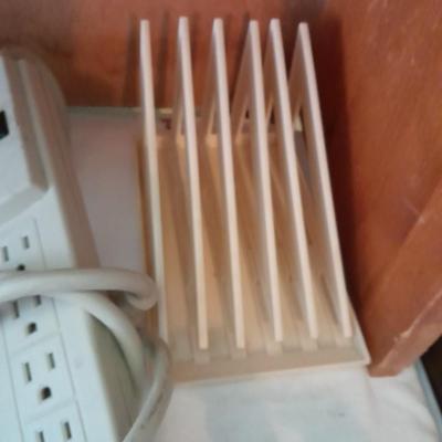 Assortment of office supplies, vintage typewriter items, power strip, office organization and more