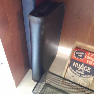 Assortment of office supplies, vintage typewriter items, power strip, office organization and more