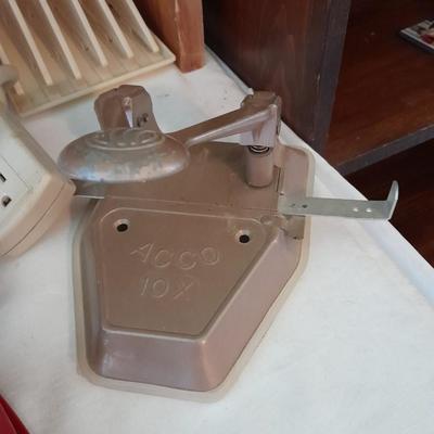 Assortment of office supplies, vintage typewriter items, power strip, office organization and more