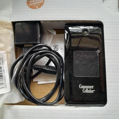 Two vintage Cell phones consumer cellular flip phone & Motorola MicroTAC with instructions & chargers