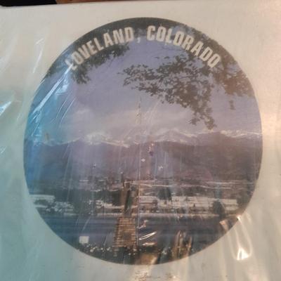 12 white salad plates with Loveland Colorado scenery transfers in boxes (1)