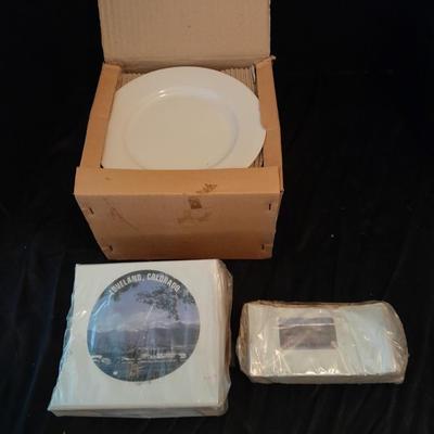 12 white salad plates with Loveland Colorado scenery transfers in boxes (1)