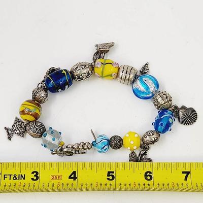 BEAUTIFUL ARTIST CRAFTED GLASS BEAD & SILVER TONED CHARM BRACELET/ ANKLET