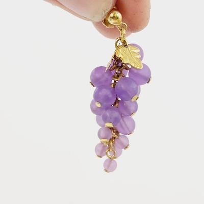 FANTASTIC GOLD TONED PURPLE BEADED HANGING GRAPE EARRINGS