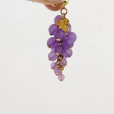 FANTASTIC GOLD TONED PURPLE BEADED HANGING GRAPE EARRINGS