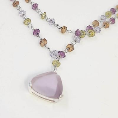 STUNNING BEADED CHAIN NECKLACE W/ BEAUTIFUL PURPLE PENDANT STONE