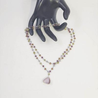 STUNNING BEADED CHAIN NECKLACE W/ BEAUTIFUL PURPLE PENDANT STONE