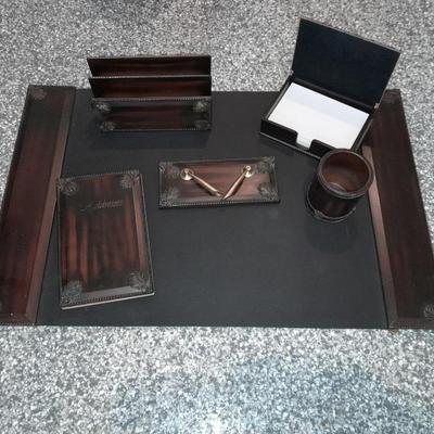 Executive Desk accessories, all wood / metal address book, paper organizer, pen jar, pen holder and a writing pad
