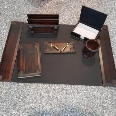 Executive Desk accessories, all wood / metal address book, paper organizer, pen jar, pen holder and a writing pad