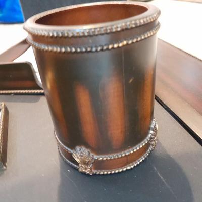 Executive Desk accessories, all wood / metal address book, paper organizer, pen jar, pen holder and a writing pad