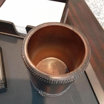 Executive Desk accessories, all wood / metal address book, paper organizer, pen jar, pen holder and a writing pad