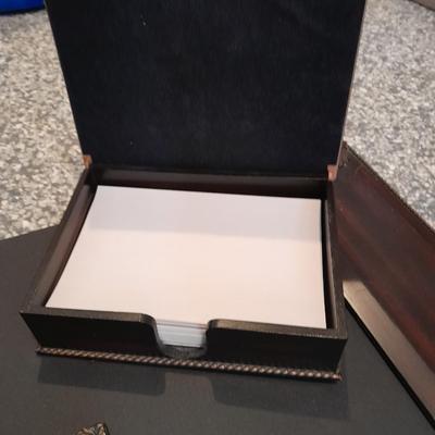 Executive Desk accessories, all wood / metal address book, paper organizer, pen jar, pen holder and a writing pad