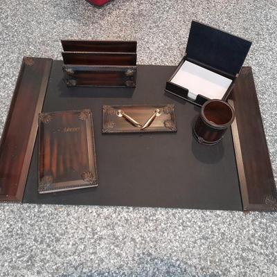 Executive Desk accessories, all wood / metal address book, paper organizer, pen jar, pen holder and a writing pad