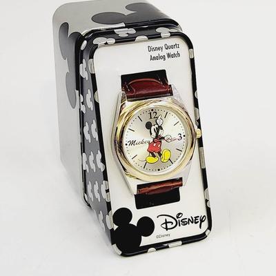 NEW DISNEY BROWN LEATHER LARGE FACE MICKEY MOUSE WATCH W/ ORIGINAL PACKAGING