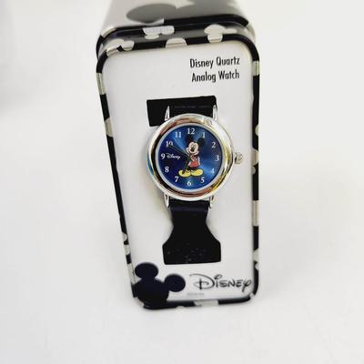 NEW DISNEY MICKEY MOUSE BLUE FACE BLACK LEATHER BAND WATCH W/ ORIGINAL PACKAGING