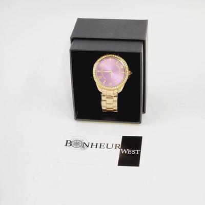 NEW JEANERETTE ROSETTA II PURPLE FACE W/ CRYSTALS GOLD TONED BAND WATCH IN ORIGINAL PACKAGING