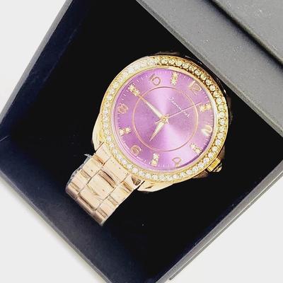 NEW JEANERETTE ROSETTA II PURPLE FACE W/ CRYSTALS GOLD TONED BAND WATCH IN ORIGINAL PACKAGING