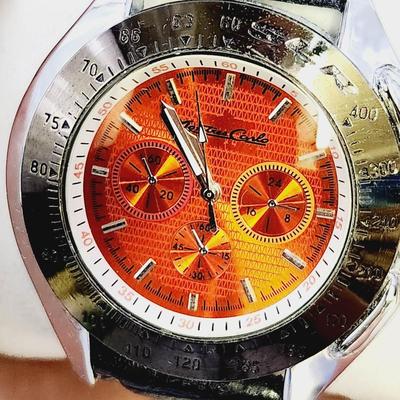 MONTRES CARLO BLACK LEATHER ORANGE FACE WATCH W/ ORIGINAL PACKAGING