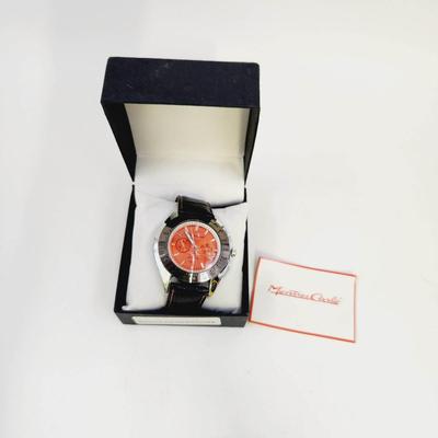 MONTRES CARLO BLACK LEATHER ORANGE FACE WATCH W/ ORIGINAL PACKAGING