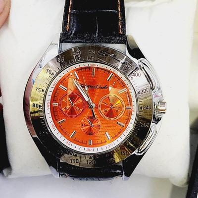 MONTRES CARLO BLACK LEATHER ORANGE FACE WATCH W/ ORIGINAL PACKAGING