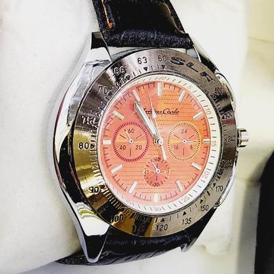 MONTRES CARLO BLACK LEATHER ORANGE FACE WATCH W/ ORIGINAL PACKAGING