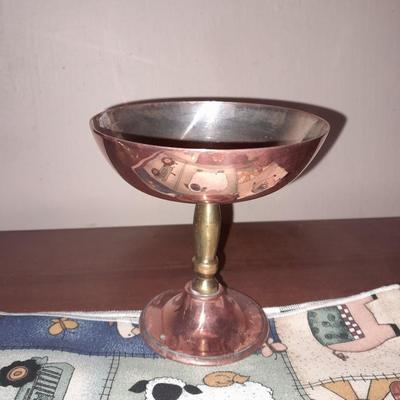 Two copper goblets, Copper Pig mold, Brass candle holder