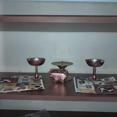 Two copper goblets, Copper Pig mold, Brass candle holder