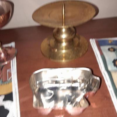 Two copper goblets, Copper Pig mold, Brass candle holder