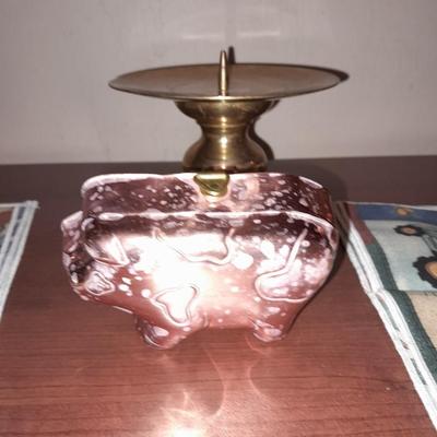 Two copper goblets, Copper Pig mold, Brass candle holder