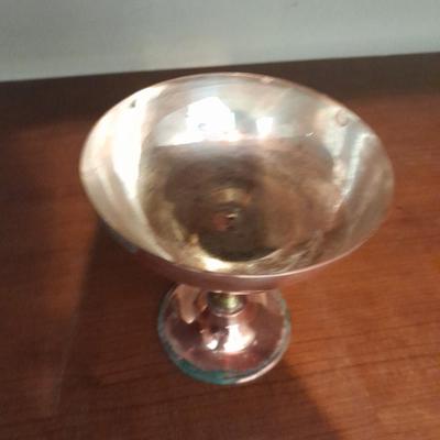 Two copper goblets, Copper Pig mold, Brass candle holder