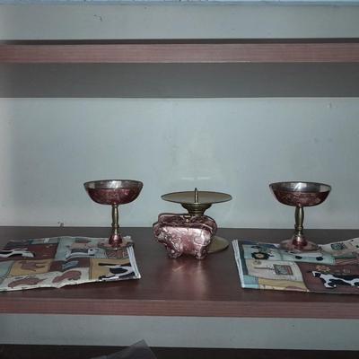 Two copper goblets, Copper Pig mold, Brass candle holder
