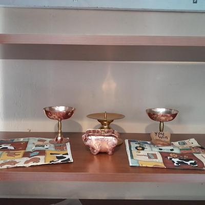 Two copper goblets, Copper Pig mold, Brass candle holder