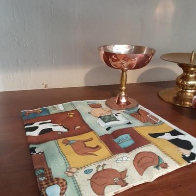 Two copper goblets, Copper Pig mold, Brass candle holder
