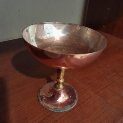 Two copper goblets, Copper Pig mold, Brass candle holder