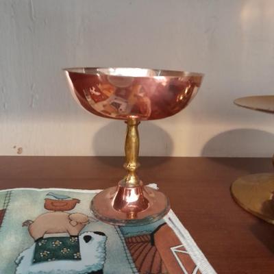 Two copper goblets, Copper Pig mold, Brass candle holder