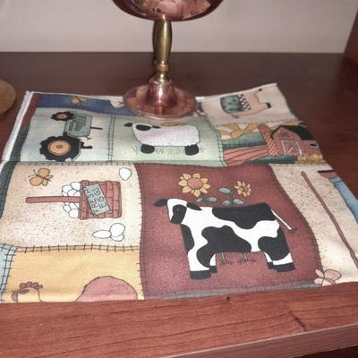 Two copper goblets, Copper Pig mold, Brass candle holder