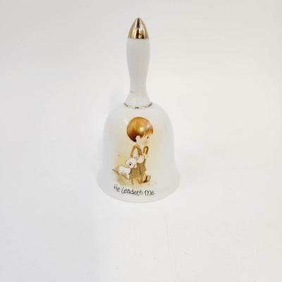 ENESCO PRECIOUS MOMENTS PORCELAIN BELL "HE LEADETH ME" 1985 GOLD TRIM