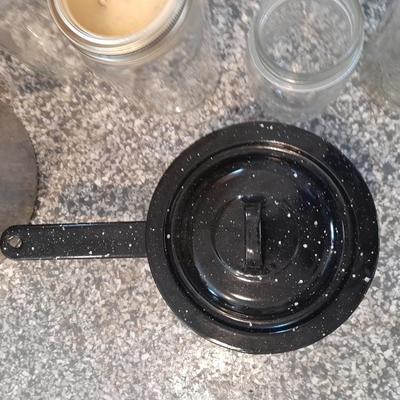 Pressure cooker, canning jars, and enamel pot with lid, and a MASON STAR JAR